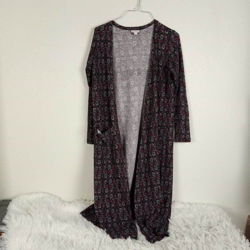 LulaRoe Gray Floral Print Ribbed Sarah Cardigan Women's Small